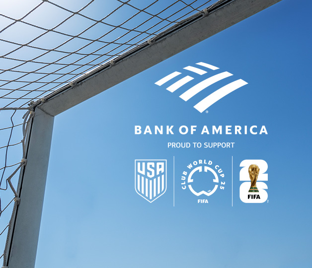 A soccer goal in front of a bright blue sky, along with Bank of America, US Soccer, Club World Cup, and FIFA World Cup logos.